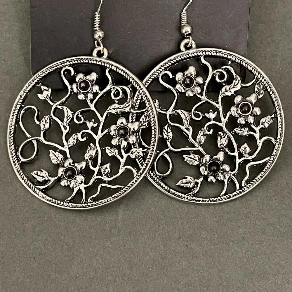 Paparazzi Black Gun-metal Filigree Women's Fashion Round Dangling Earrings NWT